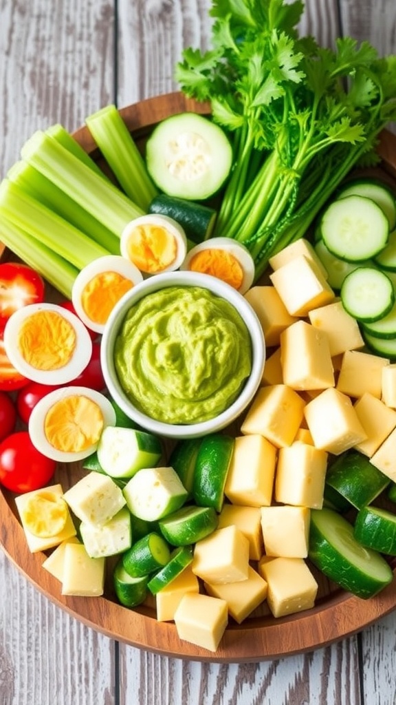 An assortment of low carb zero sugar snacks including celery, cucumber, hard-boiled eggs, cheese, and guacamole on a wooden platter.